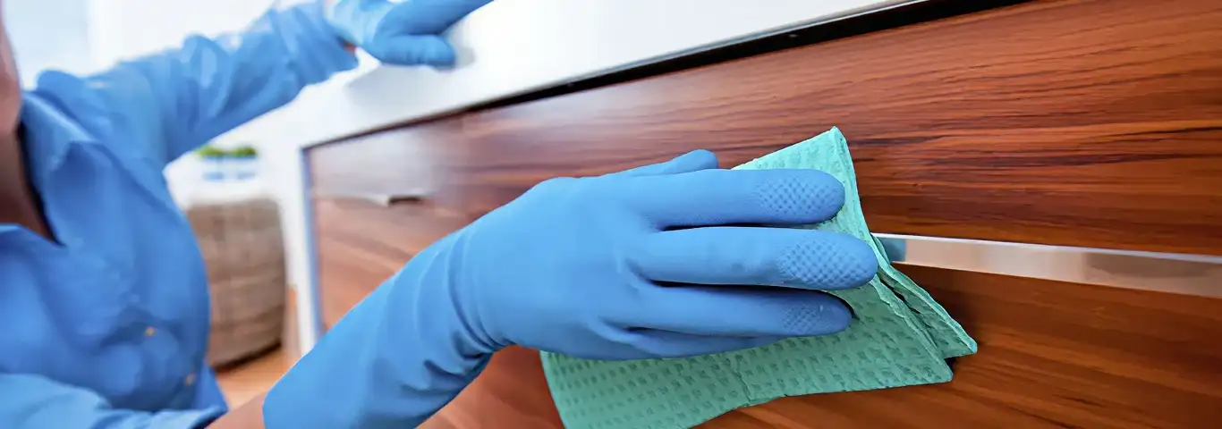 Cleaner wearing blue gloves wiping a wooden cabinet drawer with a microfiber cloth for dust and grime removal, Columbus, GA.