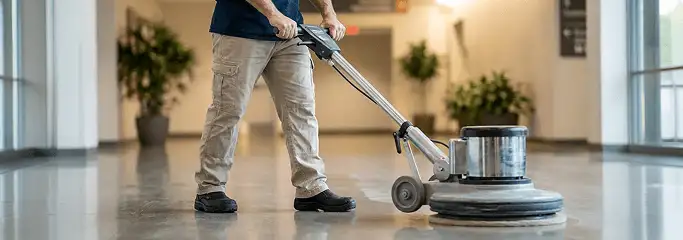 Professional technician using an industrial floor buffer to polish and maintain shiny commercial flooring in a corporate hallway in Columbus, GA.