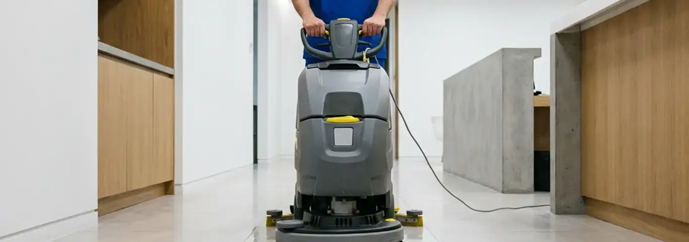 Janitorial staff using a floor scrubber machine to clean a commercial hallway, Columbus, GA.