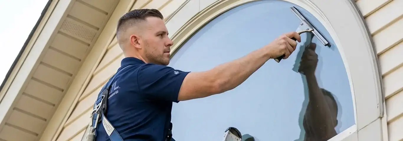 Professional window cleaner using a squeegee to clean an exterior arched window on a home, Columbus, GA.