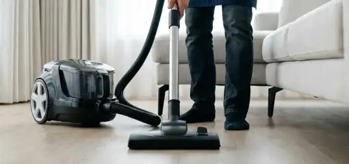 Professional house cleaner vacuuming a living room floor with a canister vacuum cleaner, Columbus, GA.