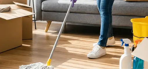 Move-out cleaning setup with a cleaner mopping hardwood floors near moving boxes and cleaning supplies, Columbus, GA.