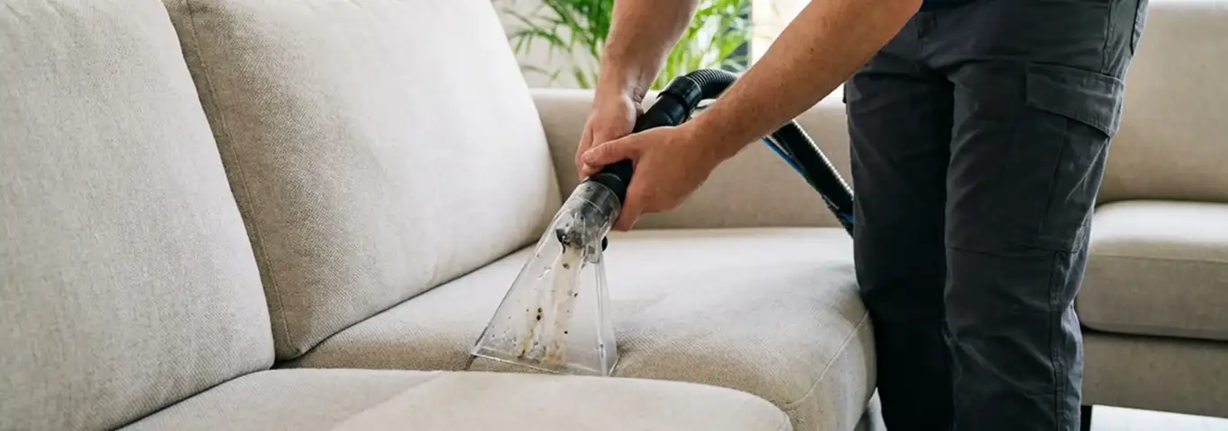 Technician extracting dirt and moisture from a fabric sofa with an upholstery cleaning wand, Columbus, GA.