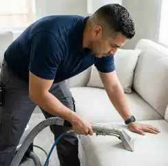 Professional upholstery cleaning technician using an extraction wand to deep-clean a fabric sofa, Columbus, GA.