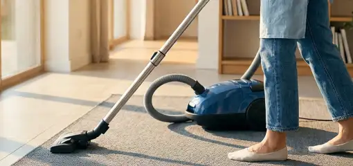 Person vacuuming a living room rug with a canister vacuum cleaner near large windows, Columbus, GA.